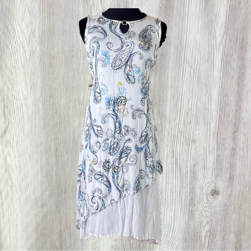 JM Collection Blue Paisley Asymmetrical Layered Midi Dress - Size Medium